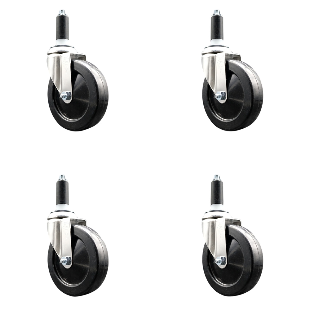 Soft Rubber Swivel Stem Caster with 5 in. Black Caster Wheels 1.13 in. Expanding Stems 316 Stainless Steel Casters - Set of 4