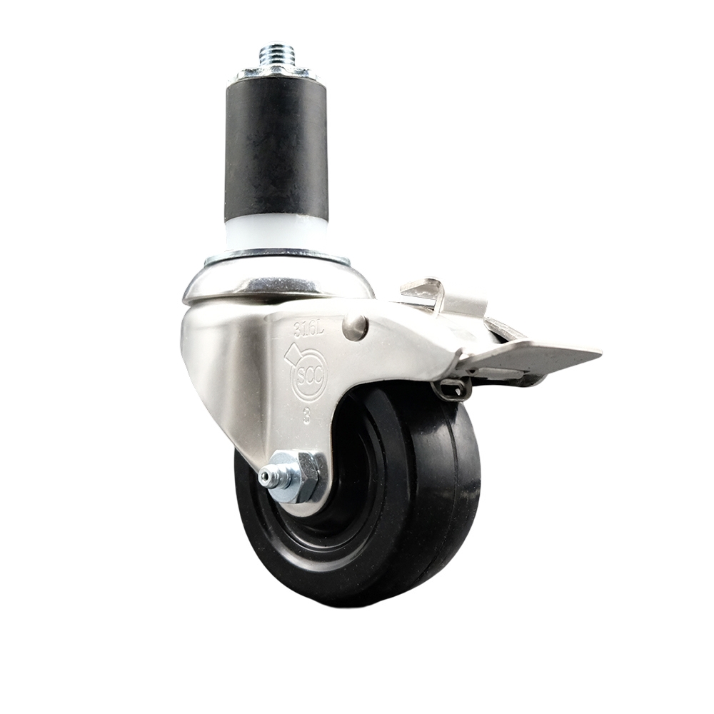 Soft Rubber Swivel Stem Caster with 3.5 in. Black Caster Wheel & Total Lock Brake 1.5 in. Expanding Stem 316 Stainless Steel Caster