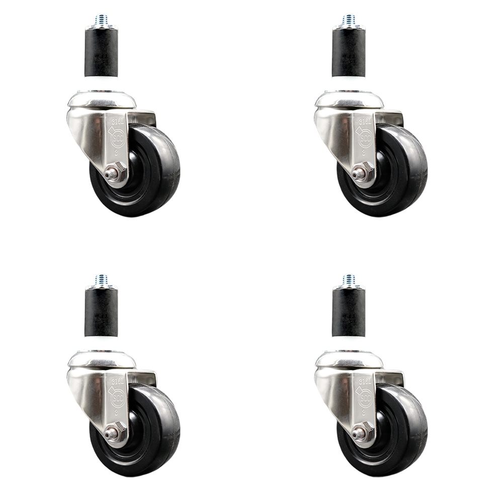 Soft Rubber Swivel Stem Caster with 3.5 in. Black Caster Wheels 1.63 in. Expanding Stems 316 Stainless Steel Casters - Set of 4