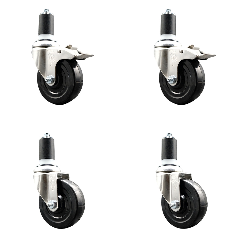 Soft Rubber Swivel Stem Caster with 4 in. Caster Wheels 1.63 in. Expanding Stem 316 Stainless Steel Casters - Set of 4