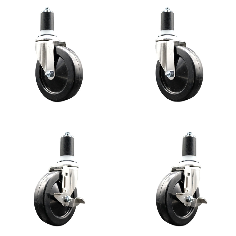 Soft Rubber Swivel Stem Caster with 5 in. Caster Wheels 1.63 in. Expanding Stems 316 Stainless Steel Casters - Set of 4