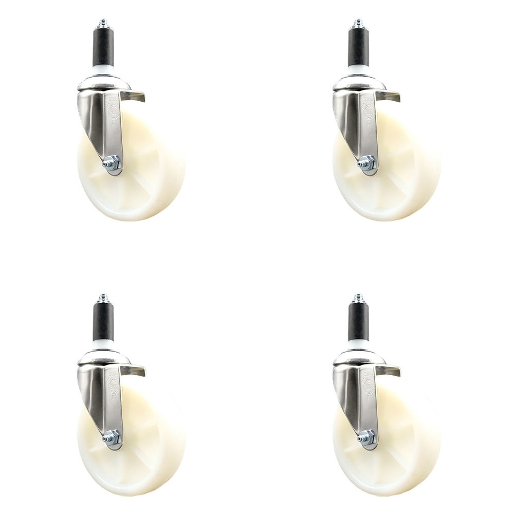 Nylon Swivel Stem Caster with 5 in. White Caster Wheels, 1.38 in. Expanding Stems - 316 Stainless Steel Casters - Set of 4