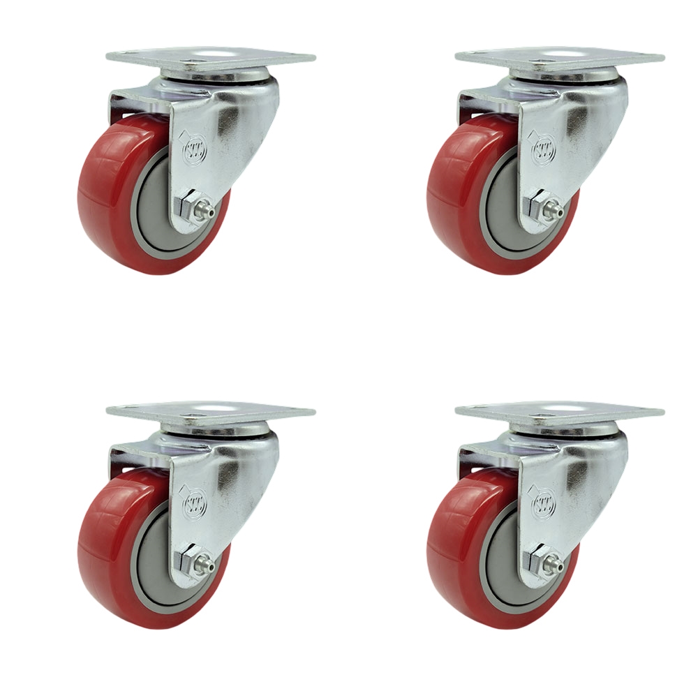 SCC-20S314-PPUB-RED-TP2-4 Swivel Caster with 3 in. Red Polyurethane Wheel - 3.13 x 4.13 in. Overall Top Plate - Set of 4