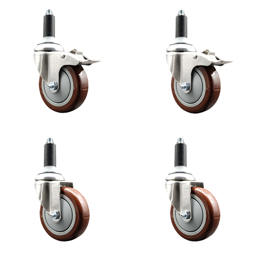 Polyurethane Swivel Stem Caster with 4 in. Maroon Caster Wheels, 1 in. Expanding Stem - 316 Stainless Steel Casters - Set of 4