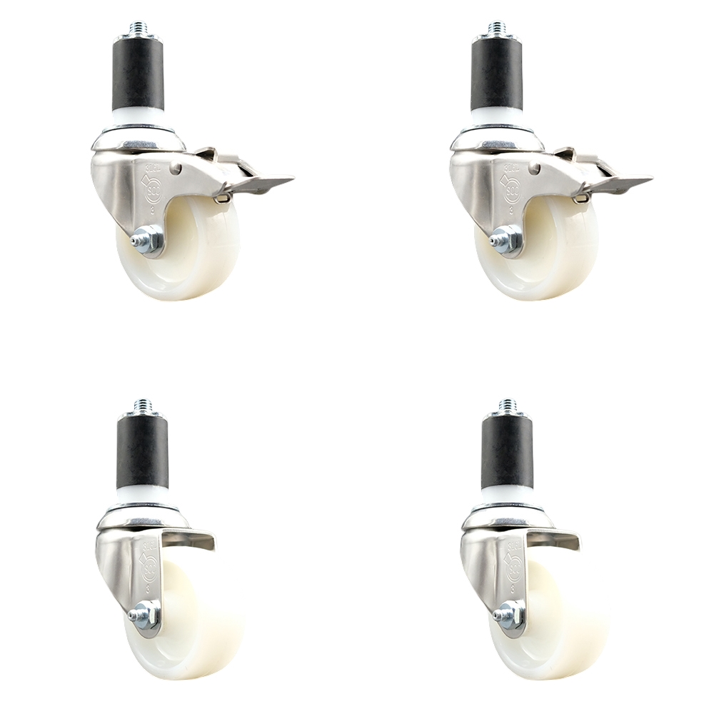 Nylon Swivel Stem Caster with 3 in. Caster Wheels, 1.5 in. Expanding Stem - 316 Stainless Steel Casters - Set of 4