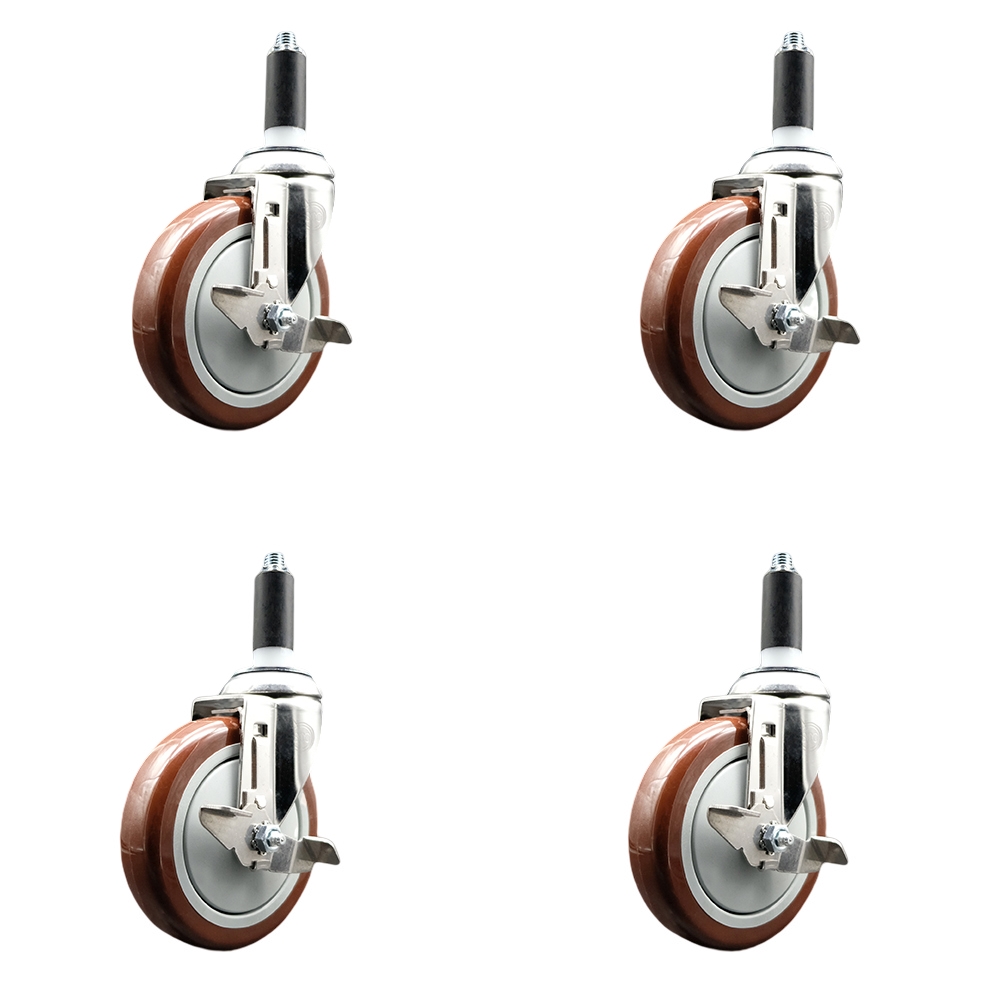 Polyurethane Swivel Stem Caster with 5 in. Maroon Caster Wheels, 1 in. Expanding Stems - 316 Stainless Steel Casters - Set of 4