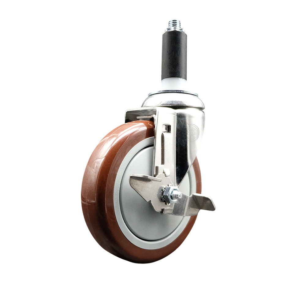 Polyurethane Swivel Stem Caster with 5 in. Maroon Caster Wheels & Top Lock Brake, 1.13 in. Expanding Stem - 316 Stainless Steel Caster