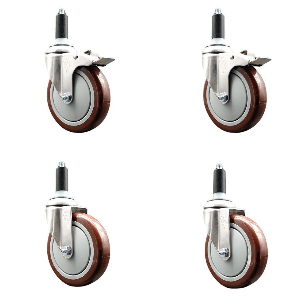 Polyurethane Swivel Stem Caster with 5 in. Maroon Caster Wheels, 1.13 in. Expanding Stem - 316 Stainless Steel Casters - Set of 4