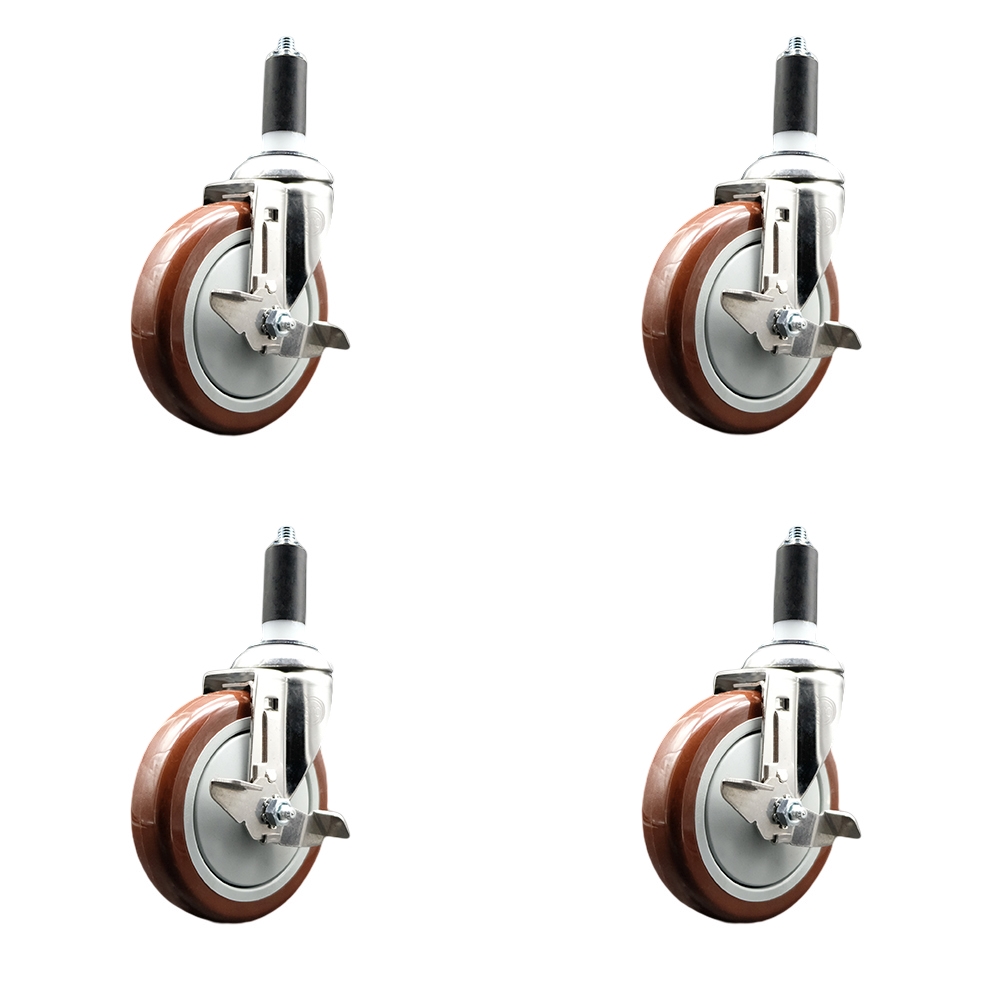 Polyurethane Swivel Stem Caster with 5 in. Maroon Caster Wheels, 1.25 in. Expanding Stems - 316 Stainless Steel Casters - Set of 4
