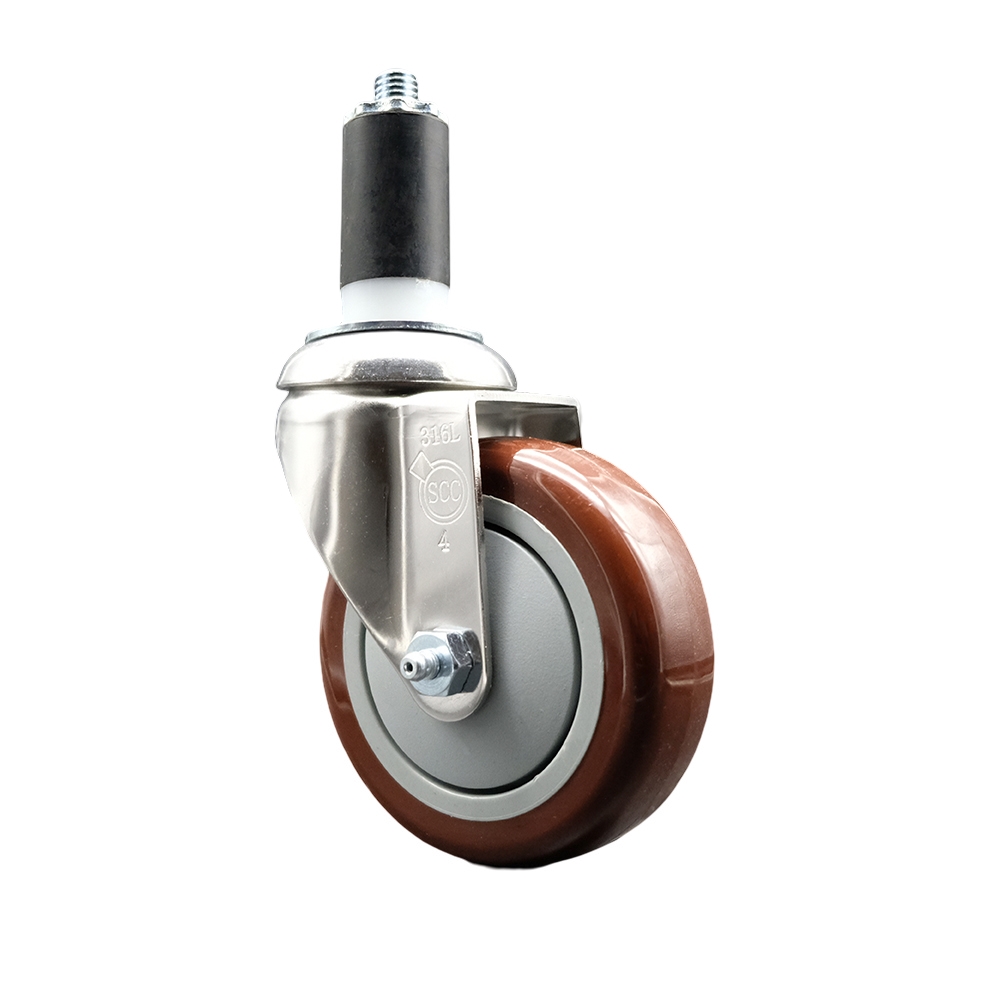 Polyurethane Swivel Stem Caster with 4 in. Maroon Caster Wheels, 1.38 in. Expanding Stem - 316 Stainless Steel Caster