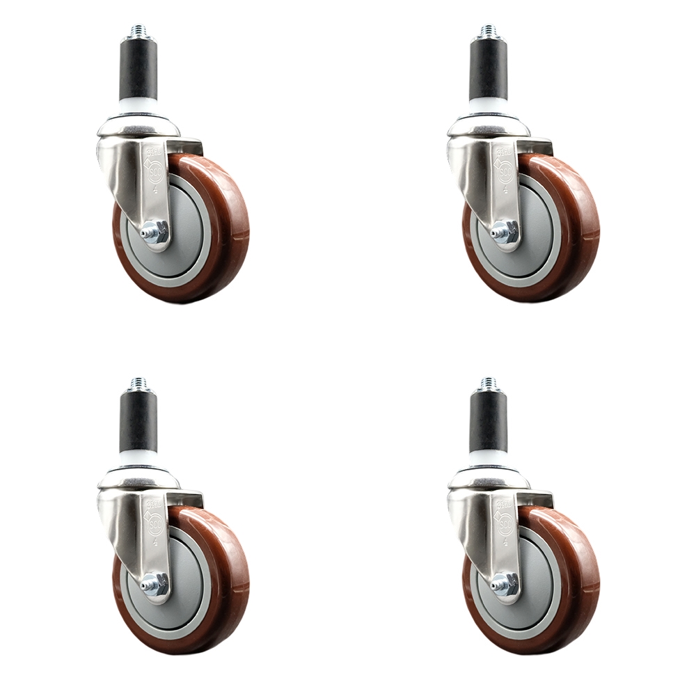 Polyurethane Swivel Stem Caster with 4 in. Maroon Caster Wheels, 1.38 in. Expanding Stems - 316 Stainless Steel Casters - Set of 4