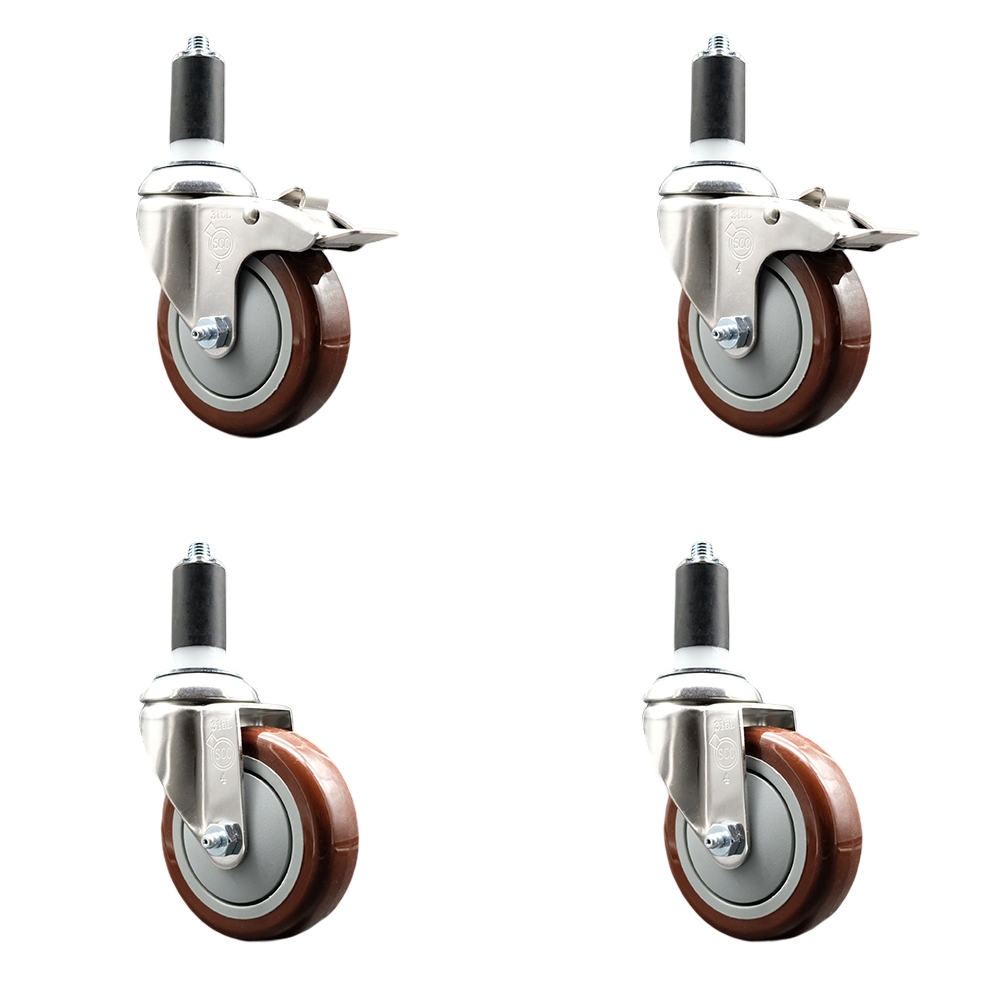 Polyurethane Swivel Stem Caster with 4 in. Maroon Caster Wheels, 1.38 in. Expanding Stem - 316 Stainless Steel Casters - Set of 4