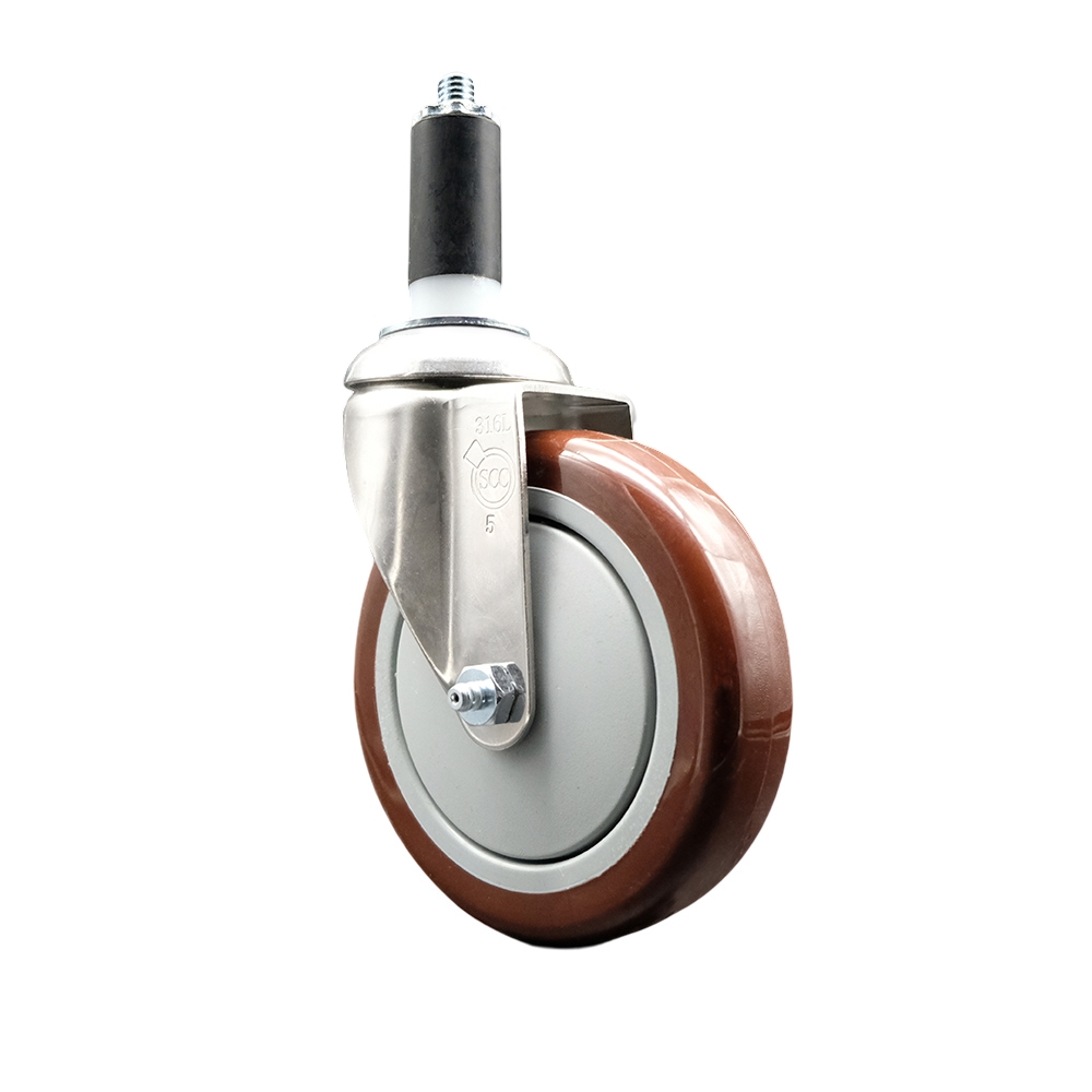 Polyurethane Swivel Stem Caster with 5 in. Maroon Caster Wheels, 1.38 in. Expanding Stem - 316 Stainless Steel Caster