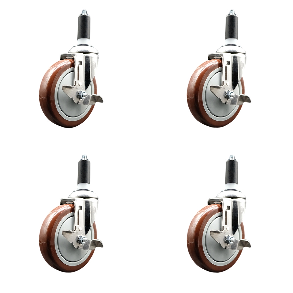 Polyurethane Swivel Stem Caster with 5 in. Maroon Caster Wheels, 1.38 in. Expanding Stems - 316 Stainless Steel Casters - Set of 4