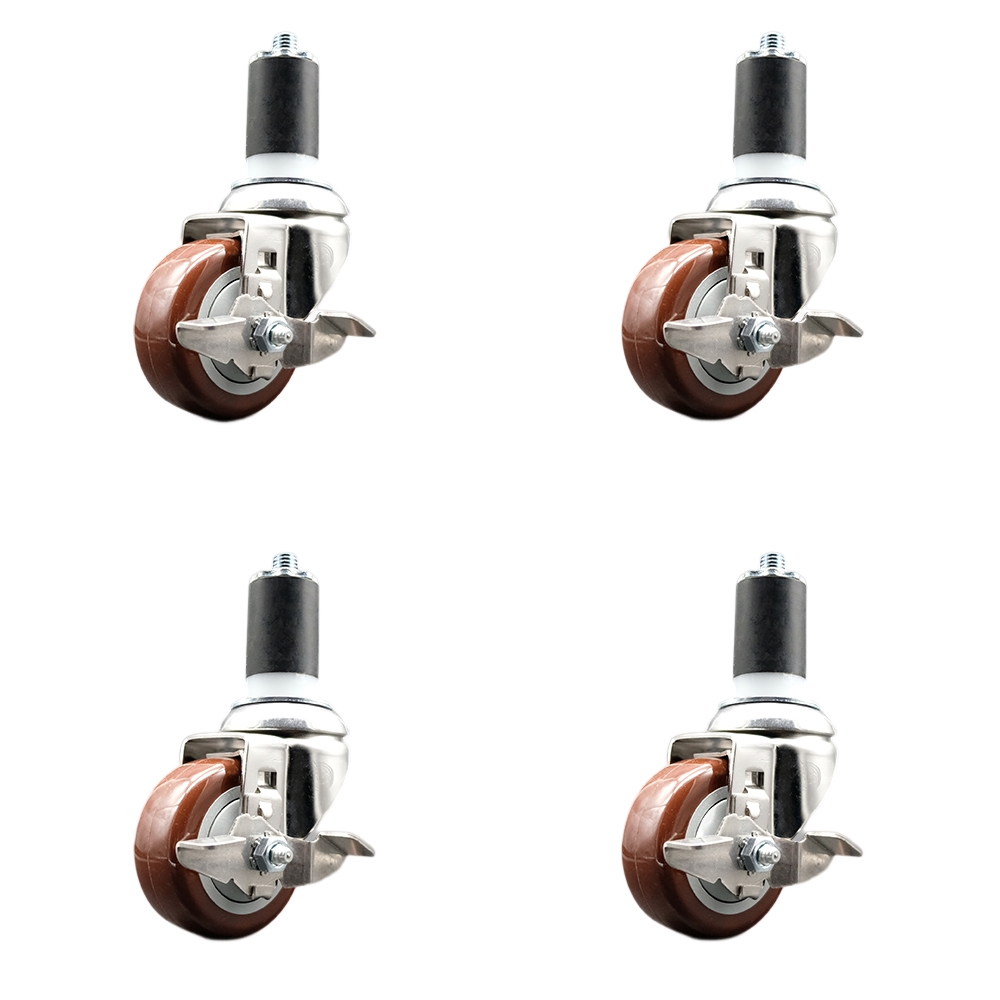 Polyurethane Swivel Stem Caster with 3 in. Maroon Caster Wheels, 1.5 in. Expanding Stems - 316 Stainless Steel Casters - Set of 4