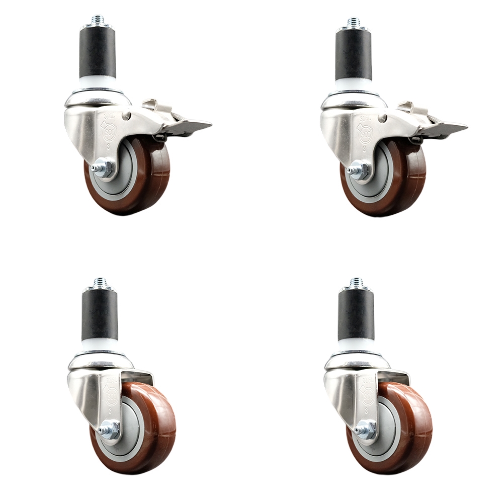 Polyurethane Swivel Stem Caster with 3 in. Maroon Caster Wheels, 1.5 in. Expanding Stem - 316 Stainless Steel Casters - Set of 4