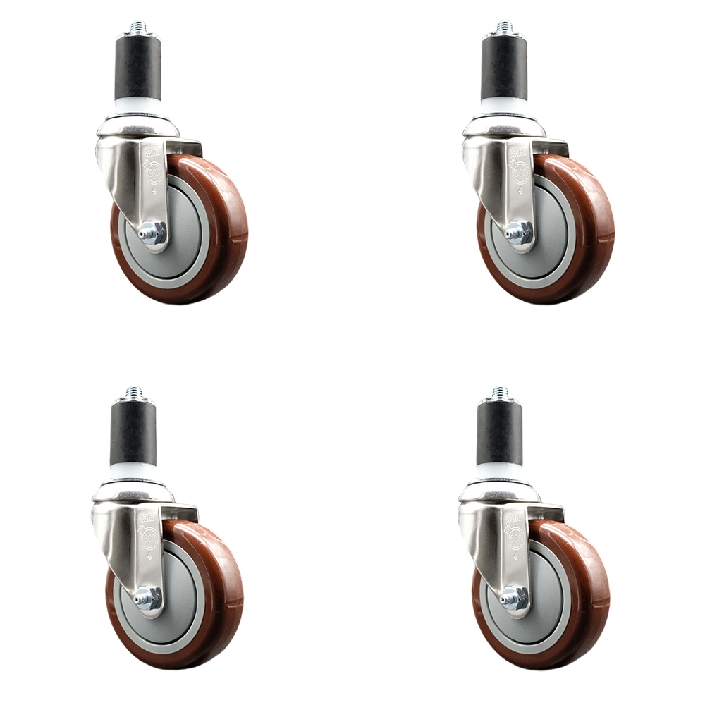 Polyurethane Swivel Stem Caster with 4 in. Maroon Caster Wheels, 1.5 in. Expanding Stems - 316 Stainless Steel Casters - Set of 4