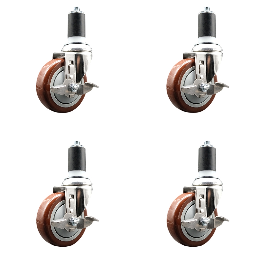 Polyurethane Swivel Stem Caster with 4 in. Maroon Caster Wheels, 1.5 in. Expanding Stems - 316 Stainless Steel Casters - Set of 4