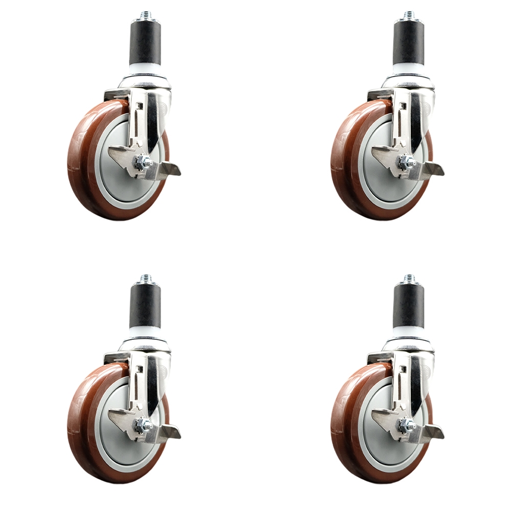 Polyurethane Swivel Stem Caster with 5 in. Maroon Caster Wheels, 1.63 in. Expanding Stems - 316 Stainless Steel Casters - Set of 4