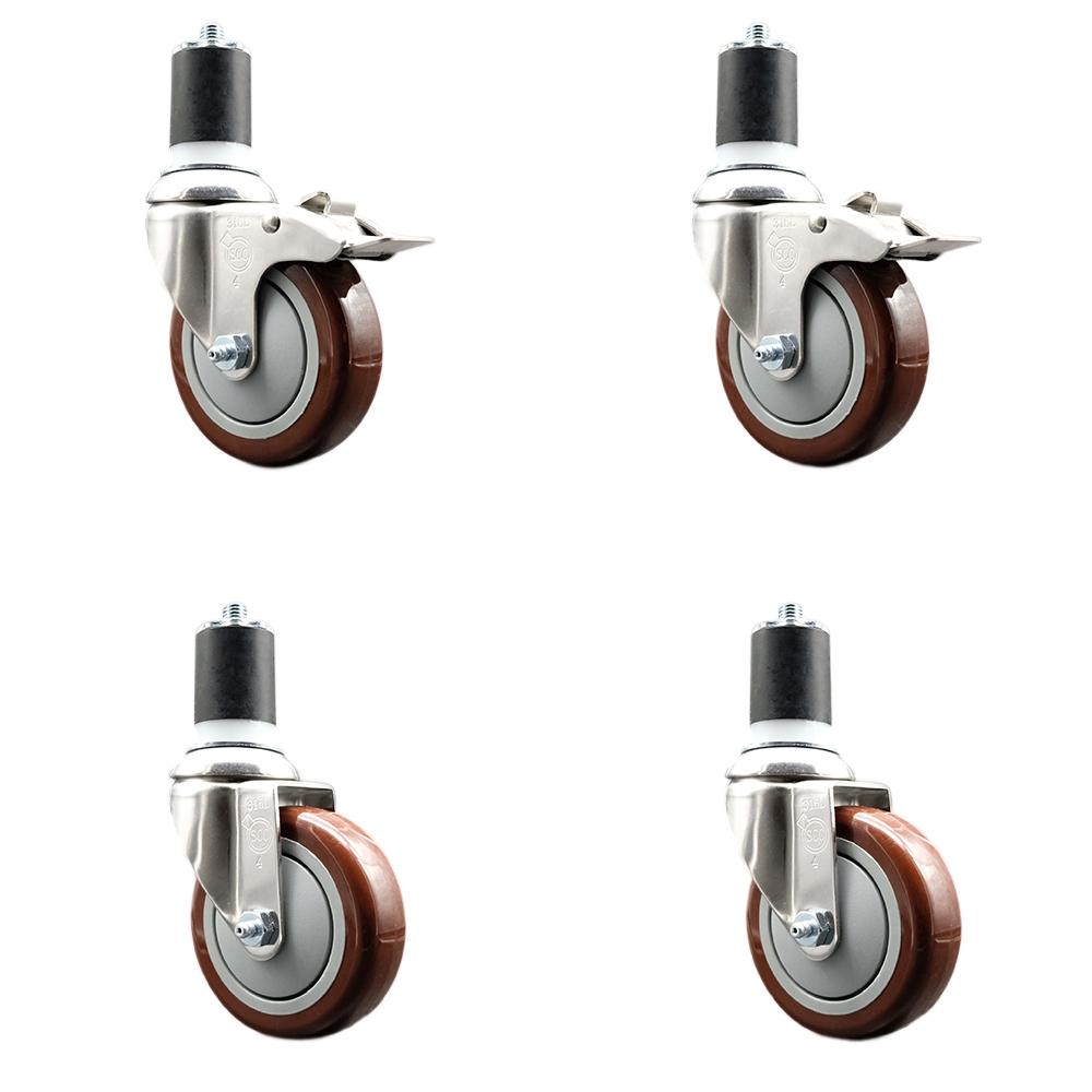 Polyurethane Swivel Stem Caster with 4 in. Maroon Caster Wheels, 1.75 in. Expanding Stem - 316 Stainless Steel Casters - Set of 4