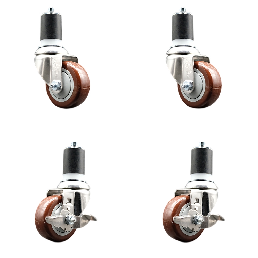 Polyurethane Swivel Stem Caster with 3 in. Maroon Caster Wheels, 1.87 in. Expanding Stems - 316 Stainless Steel Casters - Set of 4