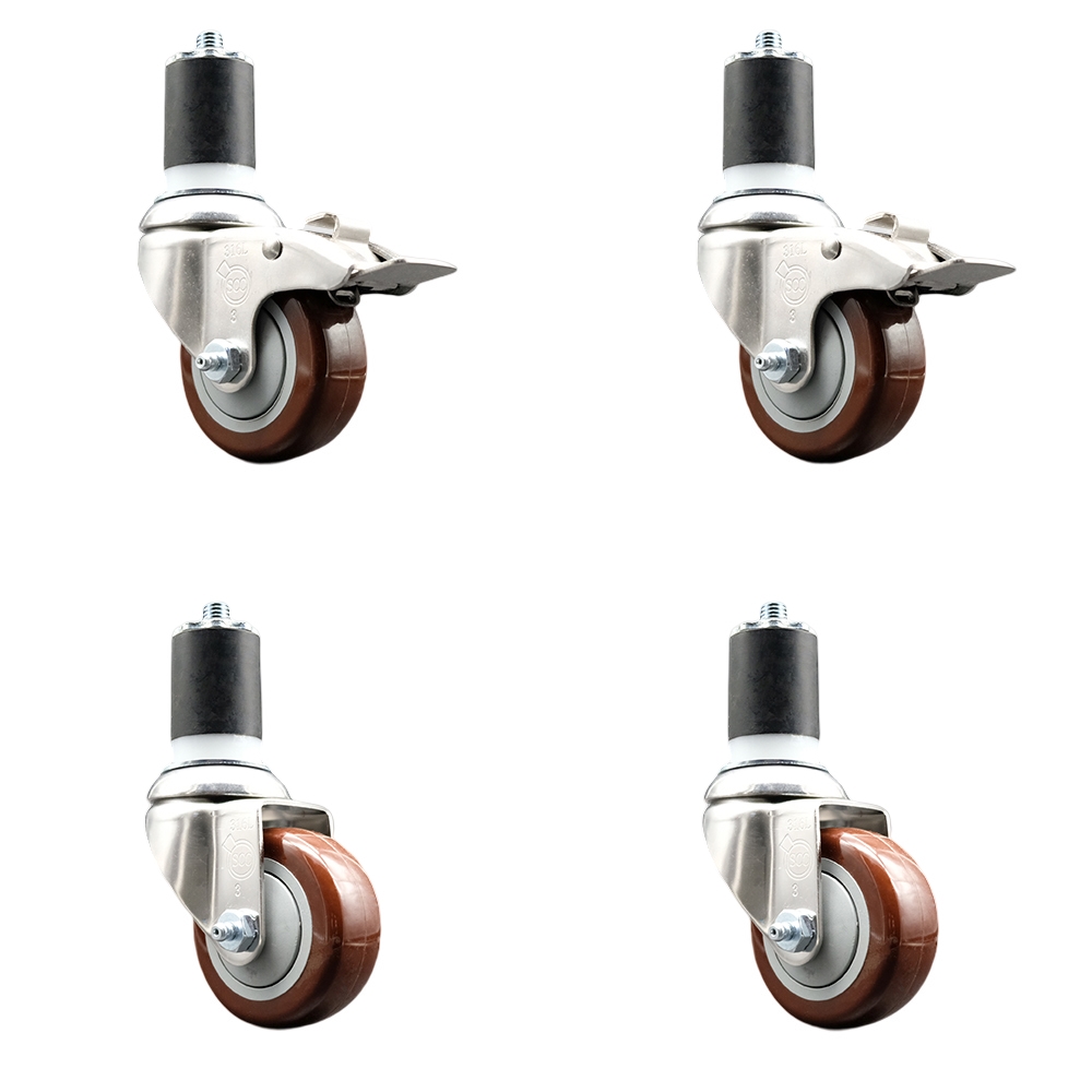 Polyurethane Swivel Stem Caster with 3.5 in. Maroon Caster Wheels, 1.87 in. Expanding Stem - 316 Stainless Steel Casters - Set of 4