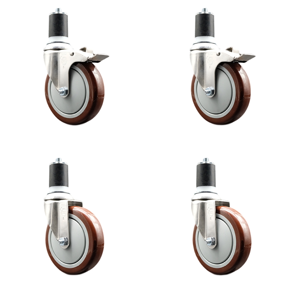 Polyurethane Swivel Stem Caster with 5 in. Maroon Caster Wheels, 1.87 in. Expanding Stem - 316 Stainless Steel Casters - Set of 4