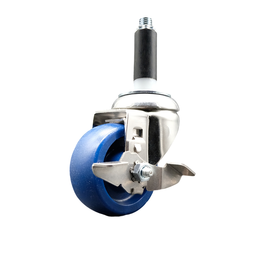 Solid Polyurethane Swivel Stem Caster with 3 in. Blue Caster Wheels & Top Lock Brake, 0.75 in. Expanding Stem - 316 Stainless Steel Caster