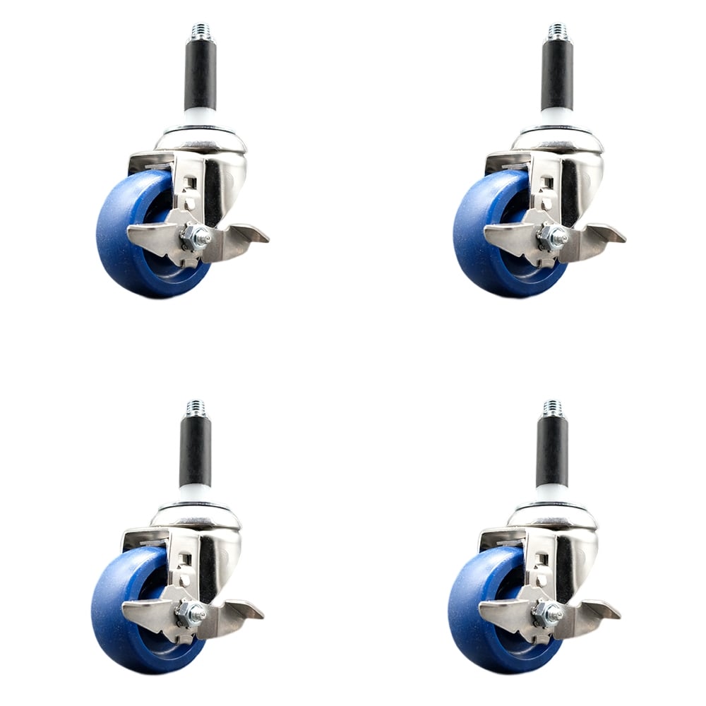 Solid Polyurethane Swivel Stem Caster with 3.5 in. Blue Caster Wheels, 0.75 in. Expanding Stems - 316 Stainless Steel Casters - Set of 4