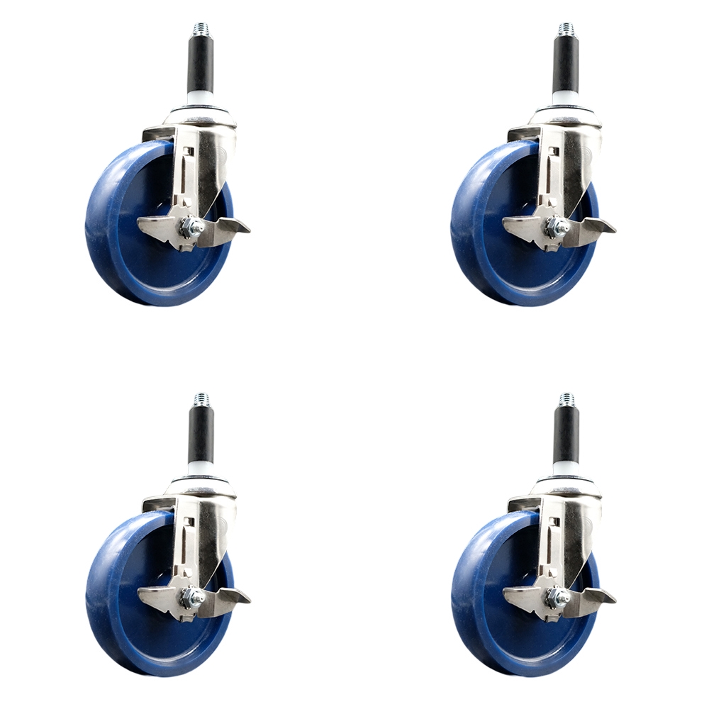 Solid Polyurethane Swivel Stem Caster with 5 in. Blue Caster Wheels, 0.75 in. Expanding Stems - 316 Stainless Steel Casters - Set of 4