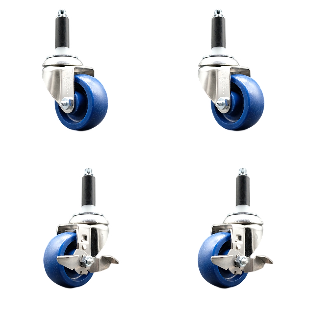 Solid Poly Swivel Stem Caster with 3 in. Blue Caster Wheels, 0.87 in. Expanding Stems - 316 Stainless Steel Casters - Set of 4