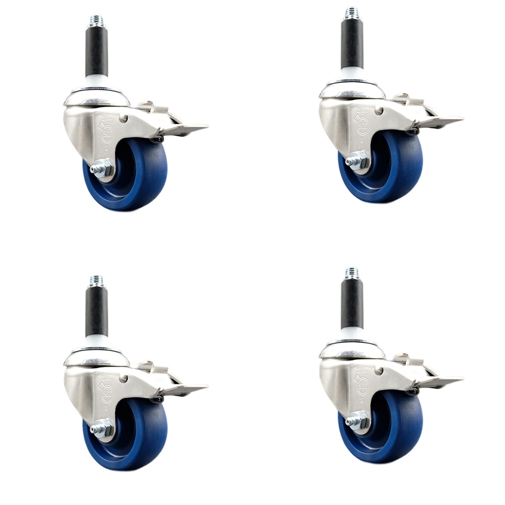 Solid Polyurethane Swivel Stem Caster with 3.5 in. Blue Caster Wheels, 0.87 in. Expanding Stems - 316 Stainless Steel Casters - Set of 4