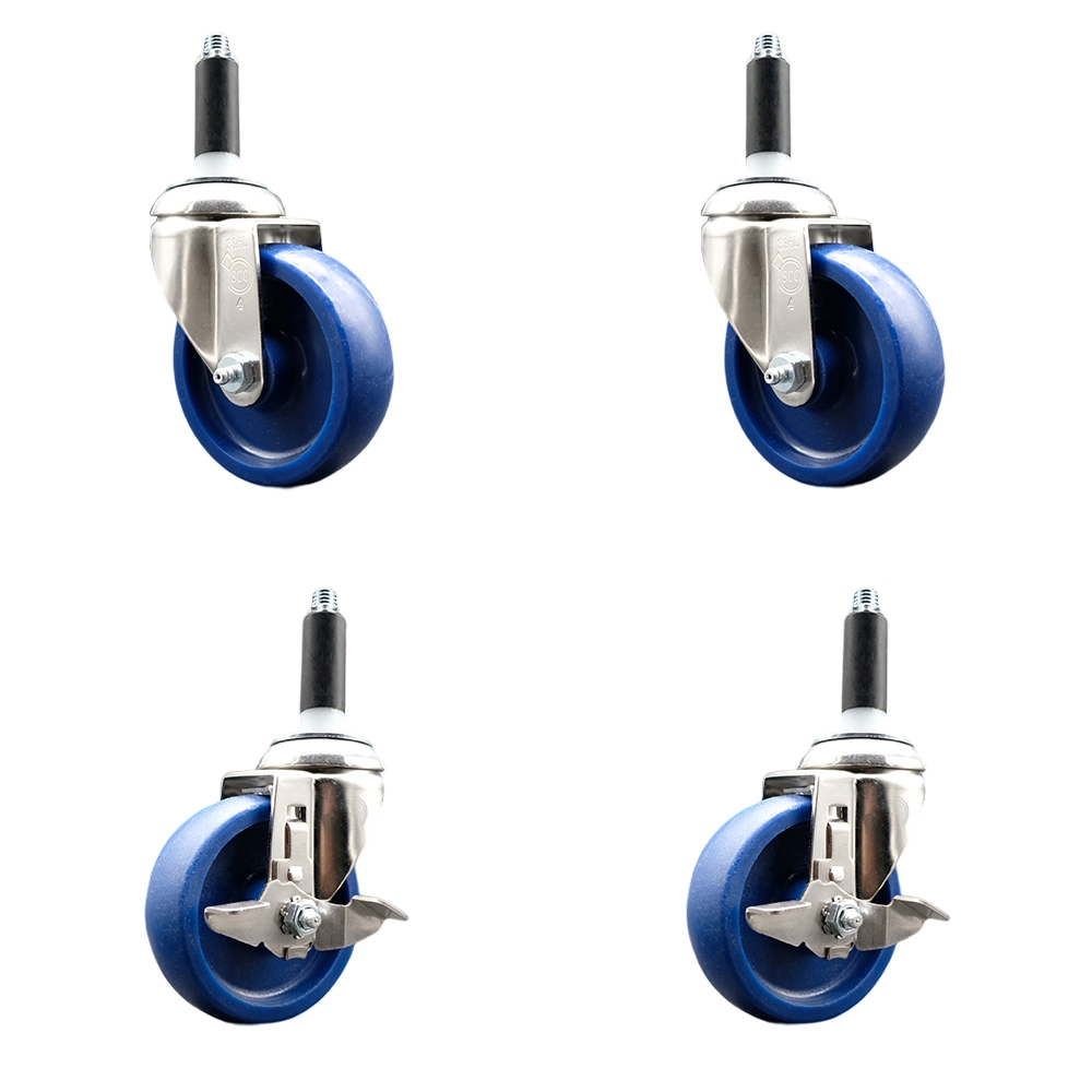 Solid Poly Swivel Stem Caster with 4 in. Blue Caster Wheels, 0.87 in. Expanding Stems - 316 Stainless Steel Casters - Set of 4