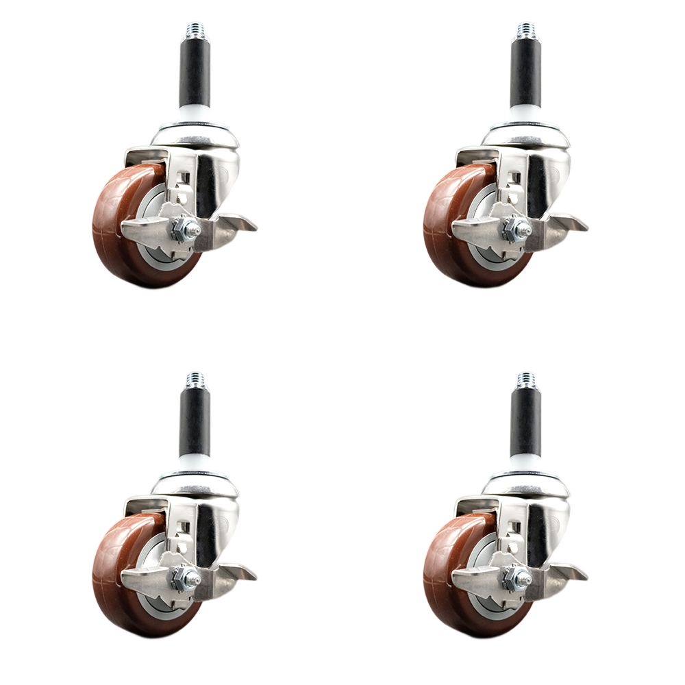 Polyurethane Swivel Stem Caster with 3 in. Maroon Caster Wheels, 0.75 in. Expanding Stems - 316 Stainless Steel Casters - Set of 4