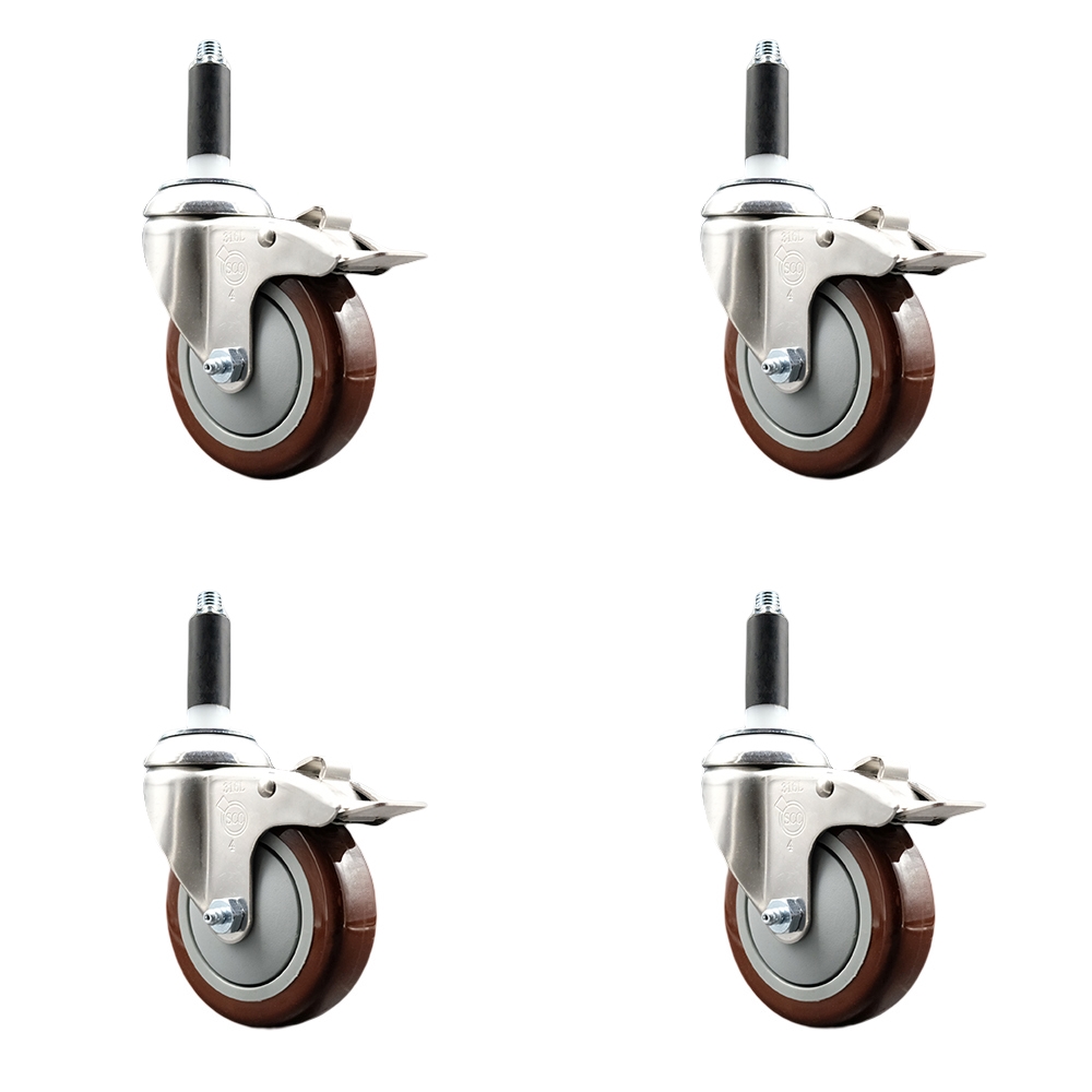 Polyurethane Swivel Stem Caster with 4 in. Maroon Caster Wheels, 0.75 in. Expanding Stems - 316 Stainless Steel Casters - Set of 4