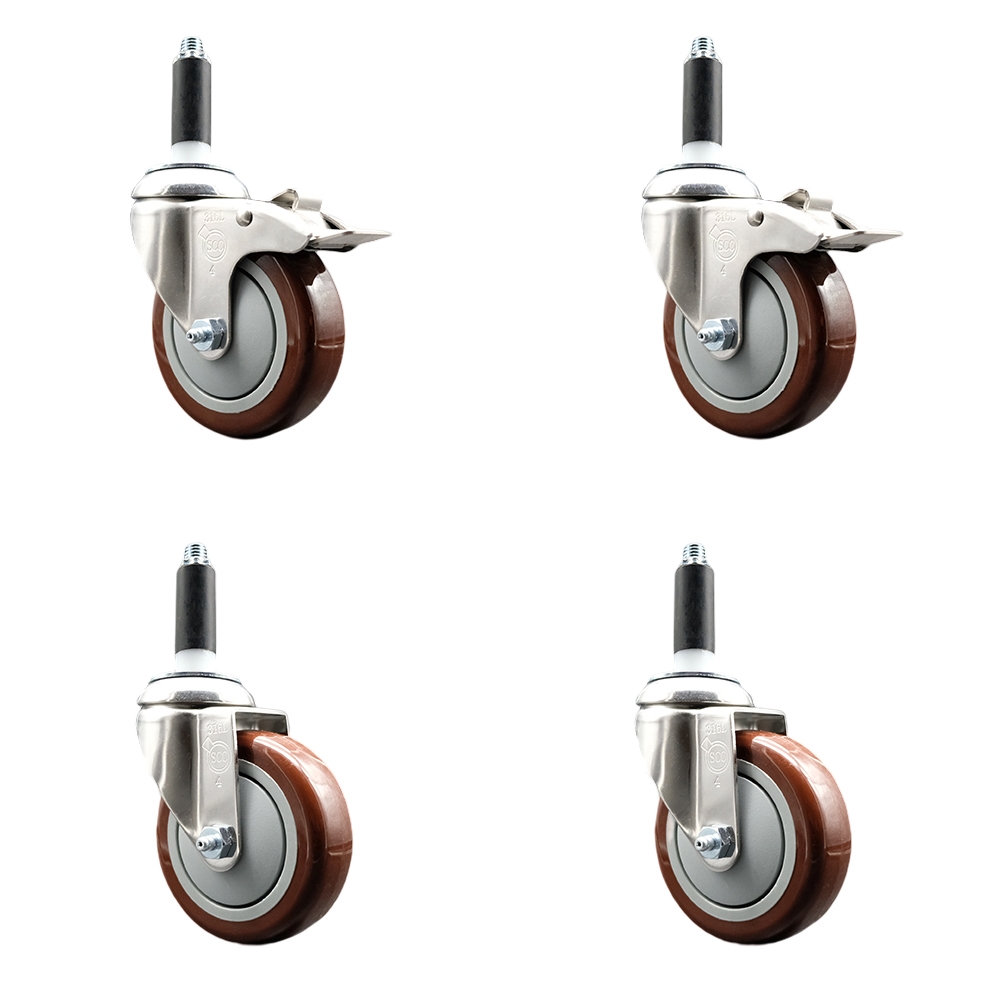 Polyurethane Swivel Stem Caster with 4 in. Maroon Caster Wheels, 0.75 in. Expanding Stem - 316 Stainless Steel Casters - Set of 4