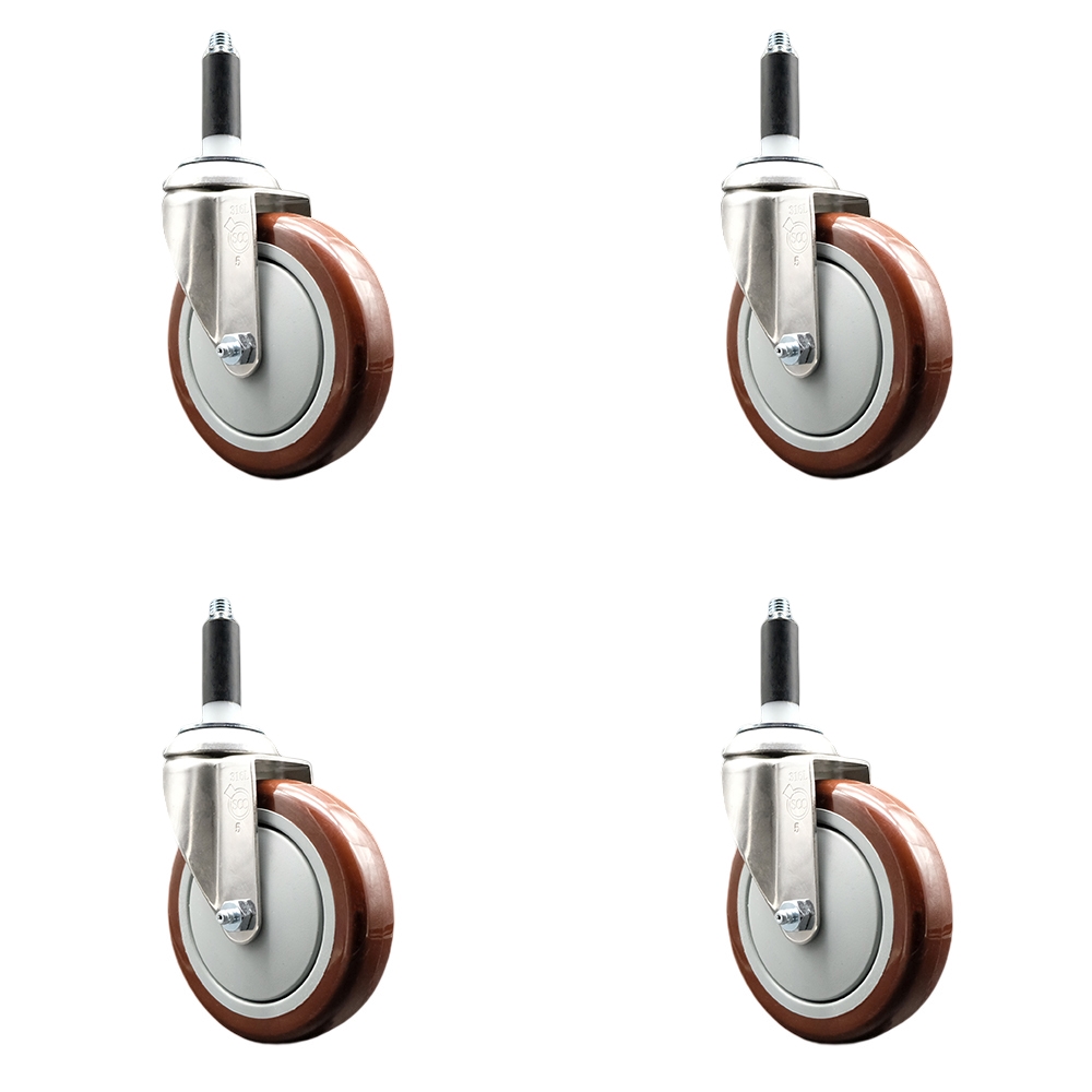 Polyurethane Swivel Stem Caster with 5 in. Maroon Caster Wheels, 0.75 in. Expanding Stems - 316 Stainless Steel Casters - Set of 4