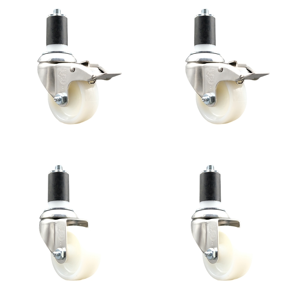 Nylon Swivel Stem Caster with 3 in. Caster Wheels, 1.63 in. Expanding Stem - 316 Stainless Steel Casters - Set of 4