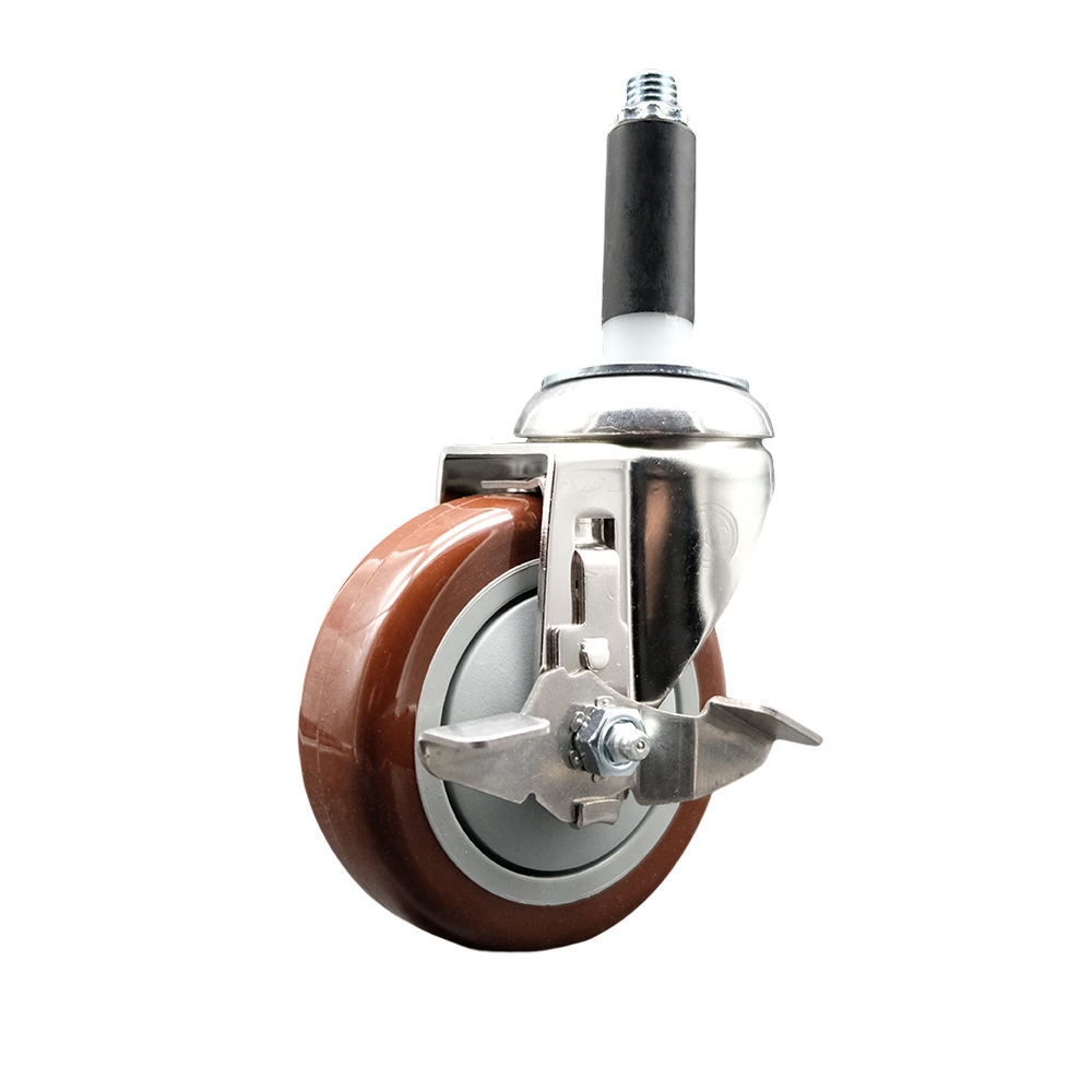 Polyurethane Swivel Stem Caster with 4 in. Maroon Caster Wheels & Top Lock Brake, 0.87 in. Expanding Stem - 316 Stainless Steel Caster