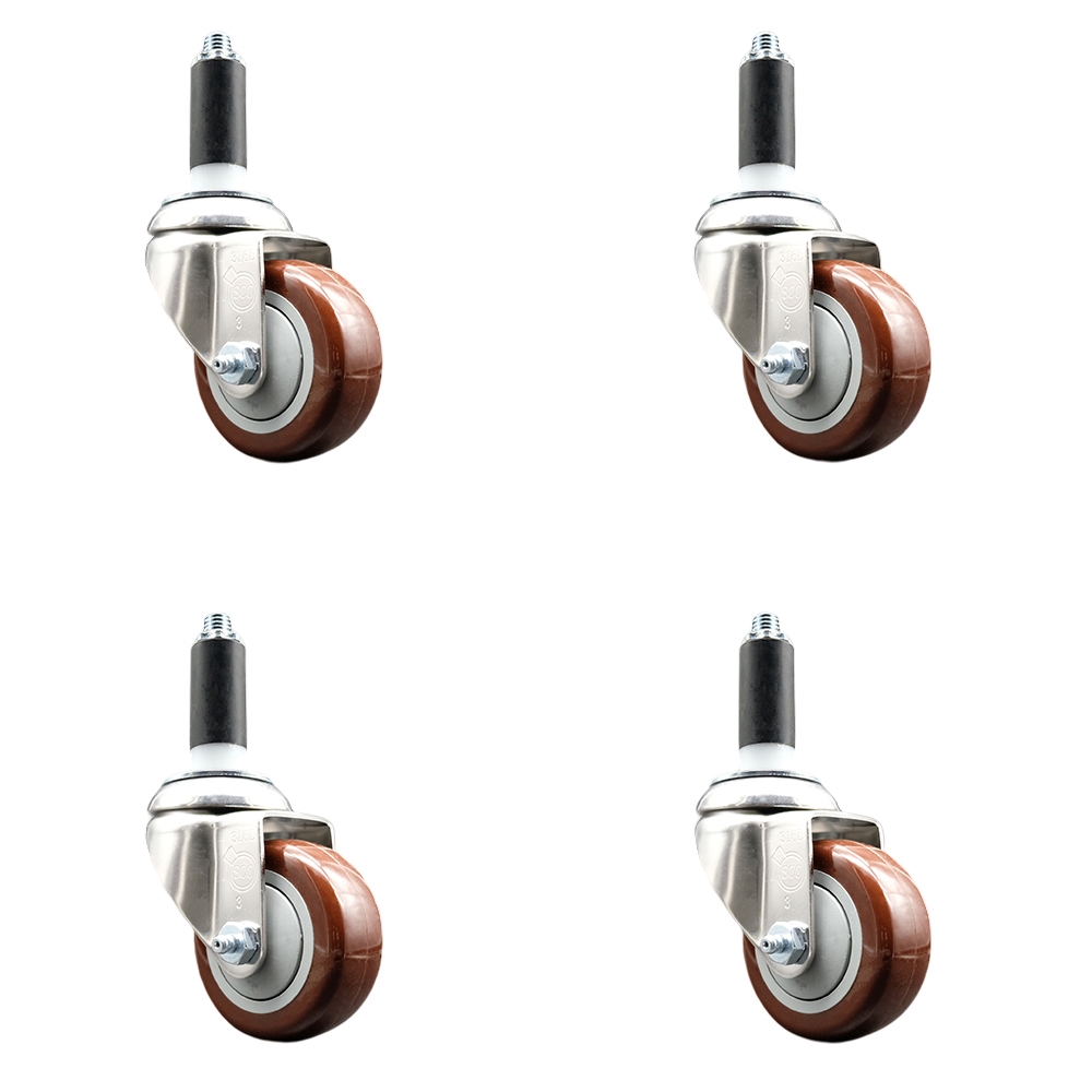 Polyurethane Swivel Stem Caster with 3 in. Maroon Caster Wheels, 1 in. Expanding Stems - 316 Stainless Steel Casters - Set of 4
