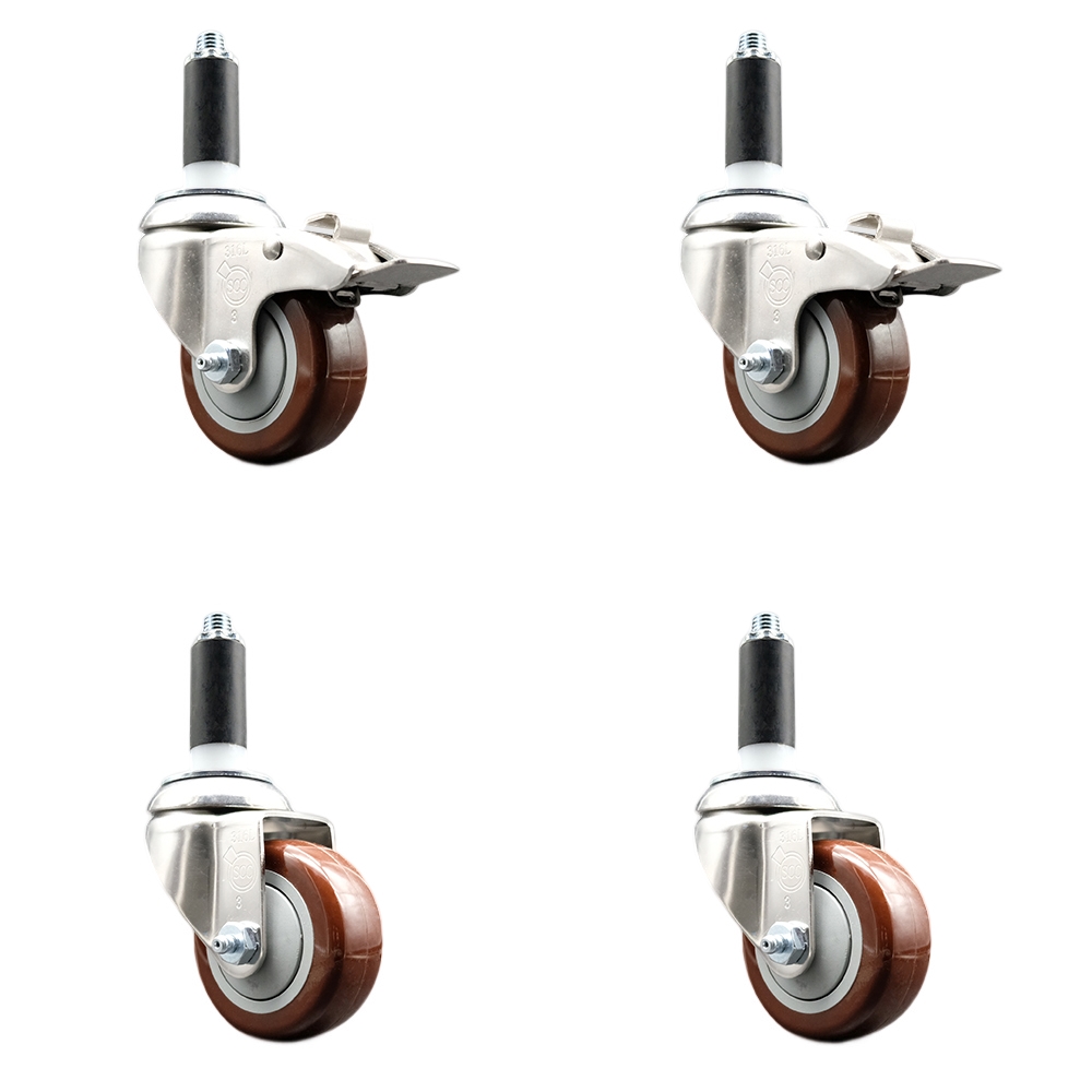 Polyurethane Swivel Stem Caster with 3 in. Maroon Caster Wheels, 1 in. Expanding Stem - 316 Stainless Steel Casters - Set of 4