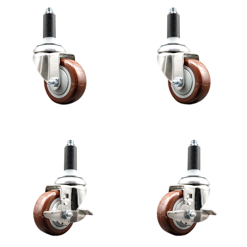 Polyurethane Swivel Stem Caster with 3.5 in. Maroon Caster Wheels, 1 in. Expanding Stems - 316 Stainless Steel Casters - Set of 4