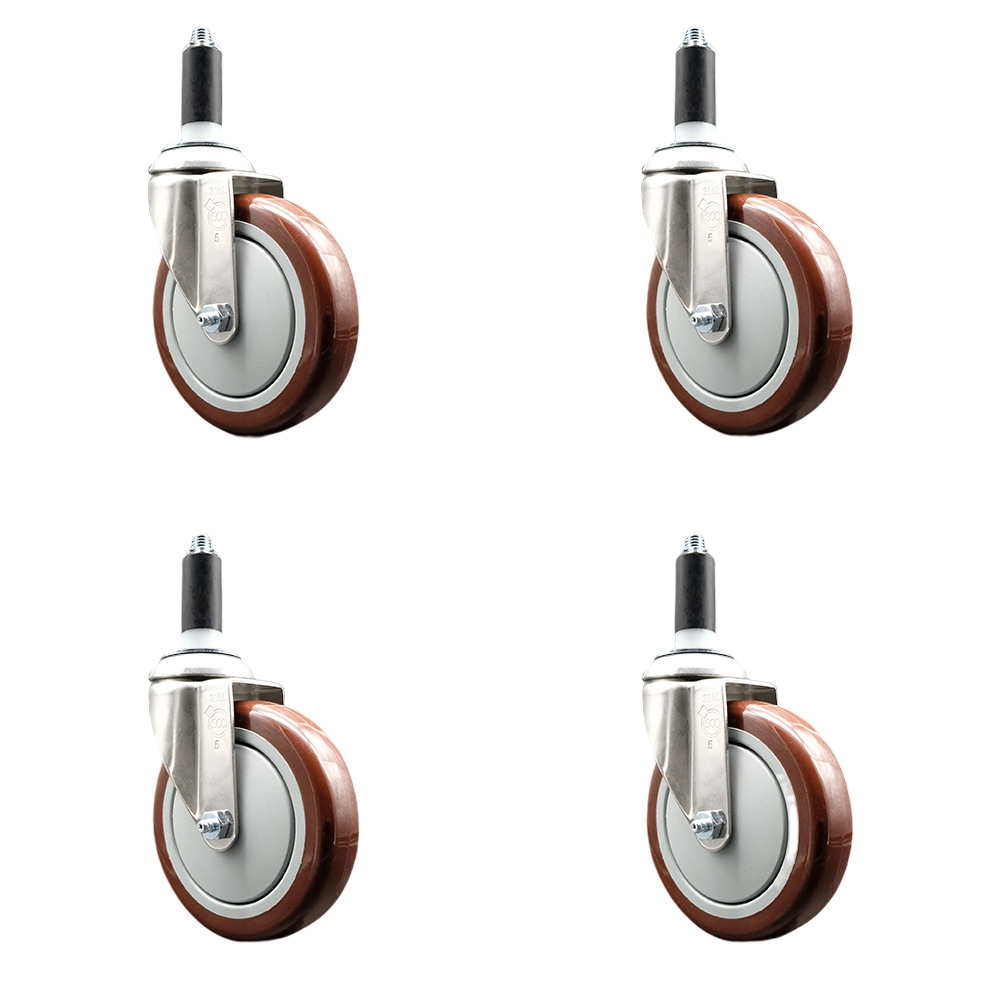 Polyurethane Swivel Stem Caster with 5 in. Maroon Caster Wheels, 1 in. Expanding Stems - 316 Stainless Steel Casters - Set of 4