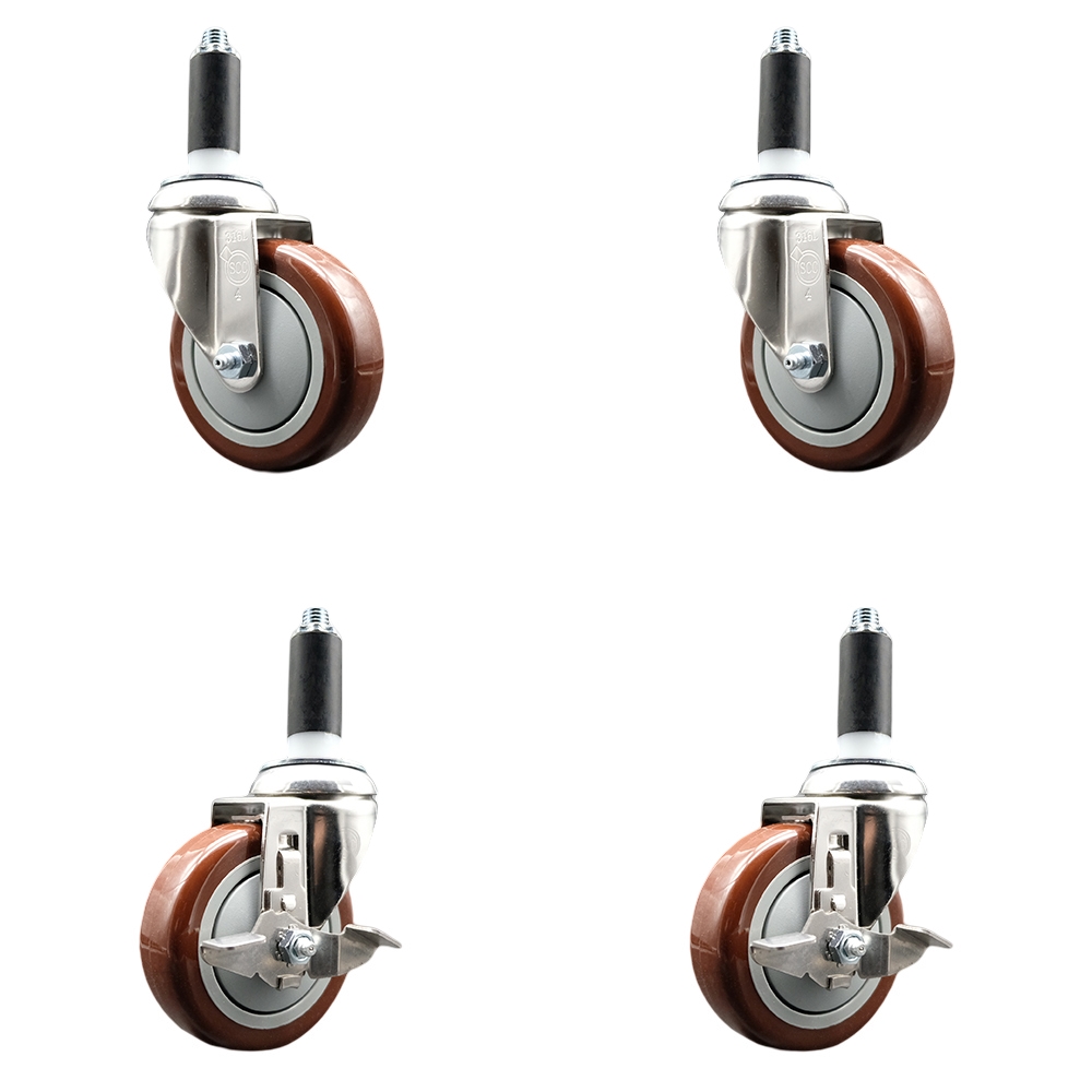 Polyurethane Swivel Stem Caster with 4 in. Maroon Caster Wheels, 1.13 in. Expanding Stems - 316 Stainless Steel Casters - Set of 4
