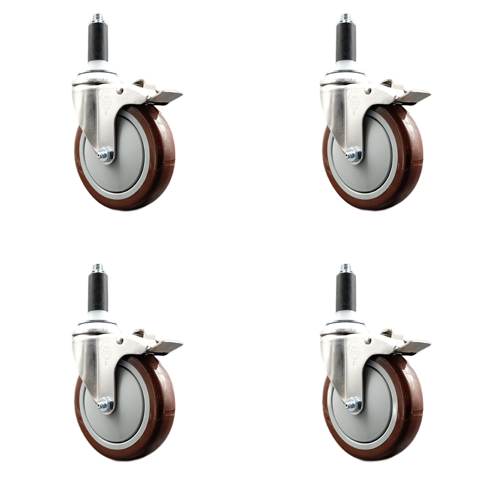 Polyurethane Swivel Stem Caster with 5 in. Maroon Caster Wheels, 1.13 in. Expanding Stems - 316 Stainless Steel Casters - Set of 4
