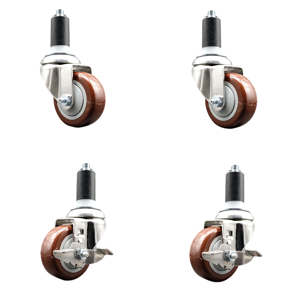 Polyurethane Swivel Stem Caster with 3 in. Maroon Caster Wheels, 1.25 in. Expanding Stems - 316 Stainless Steel Casters - Set of 4