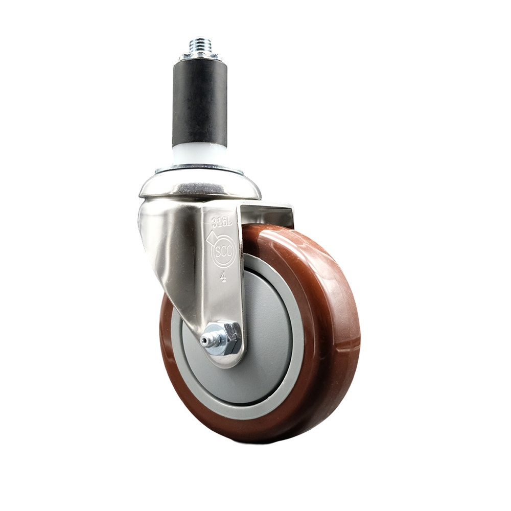 Polyurethane Swivel Stem Caster with 4 in. Maroon Caster Wheels, 1.25 in. Expanding Stem - 316 Stainless Steel Caster