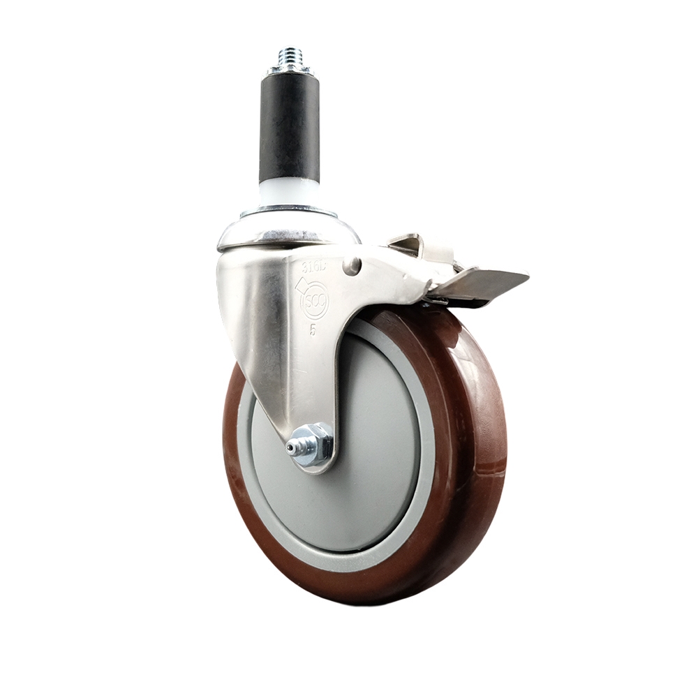 Polyurethane Swivel Stem Caster with 5 in. Maroon Caster Wheels & Total Lock Brake, 1.25 in. Expanding Stem - 316 Stainless Steel Caster