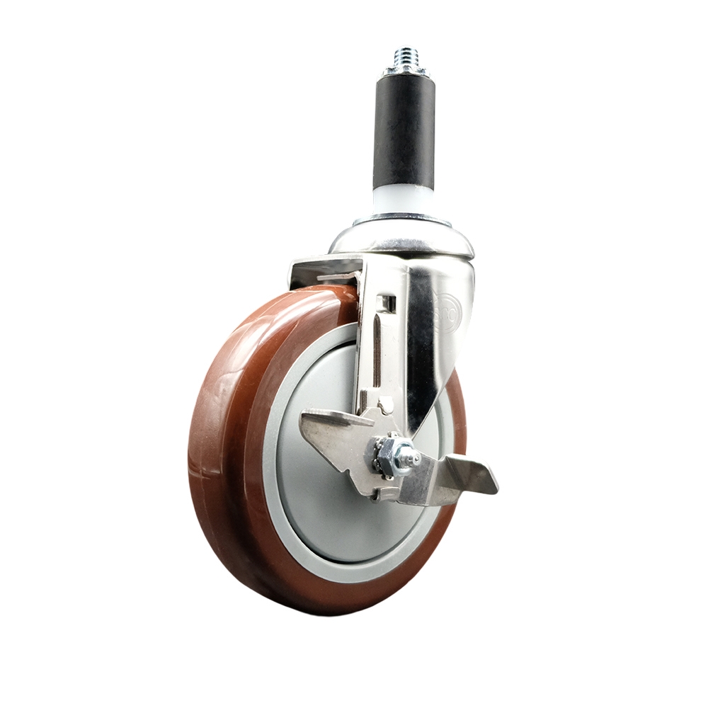 Polyurethane Swivel Stem Caster with 5 in. Maroon Caster Wheels & Top Lock Brake, 1.38 in. Expanding Stem - 316 Stainless Steel Caster