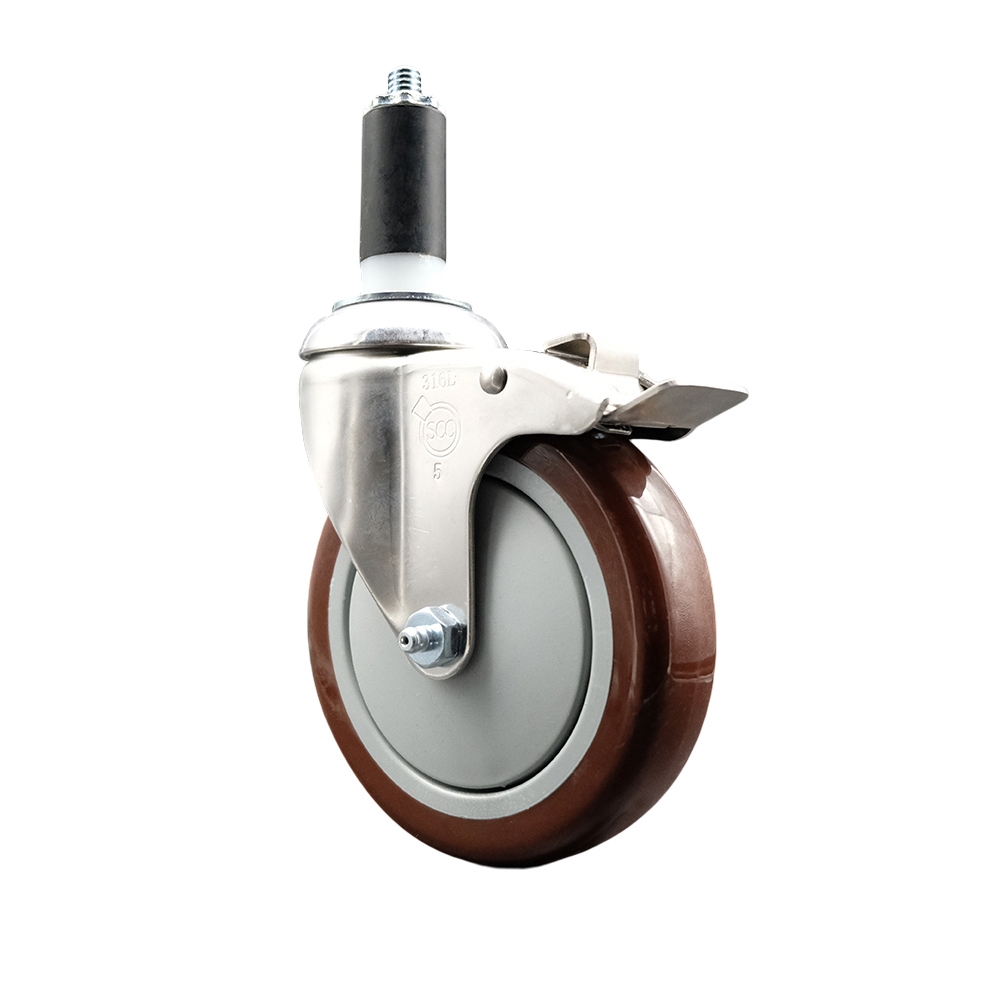 Polyurethane Swivel Stem Caster with 5 in. Maroon Caster Wheels & Total Lock Brake, 1.38 in. Expanding Stem - 316 Stainless Steel Caster